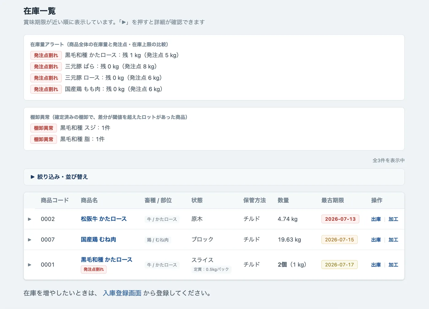 在庫一覧画面。賞味期限が近い順に並び、期限バッジが赤・黄で色分けされている